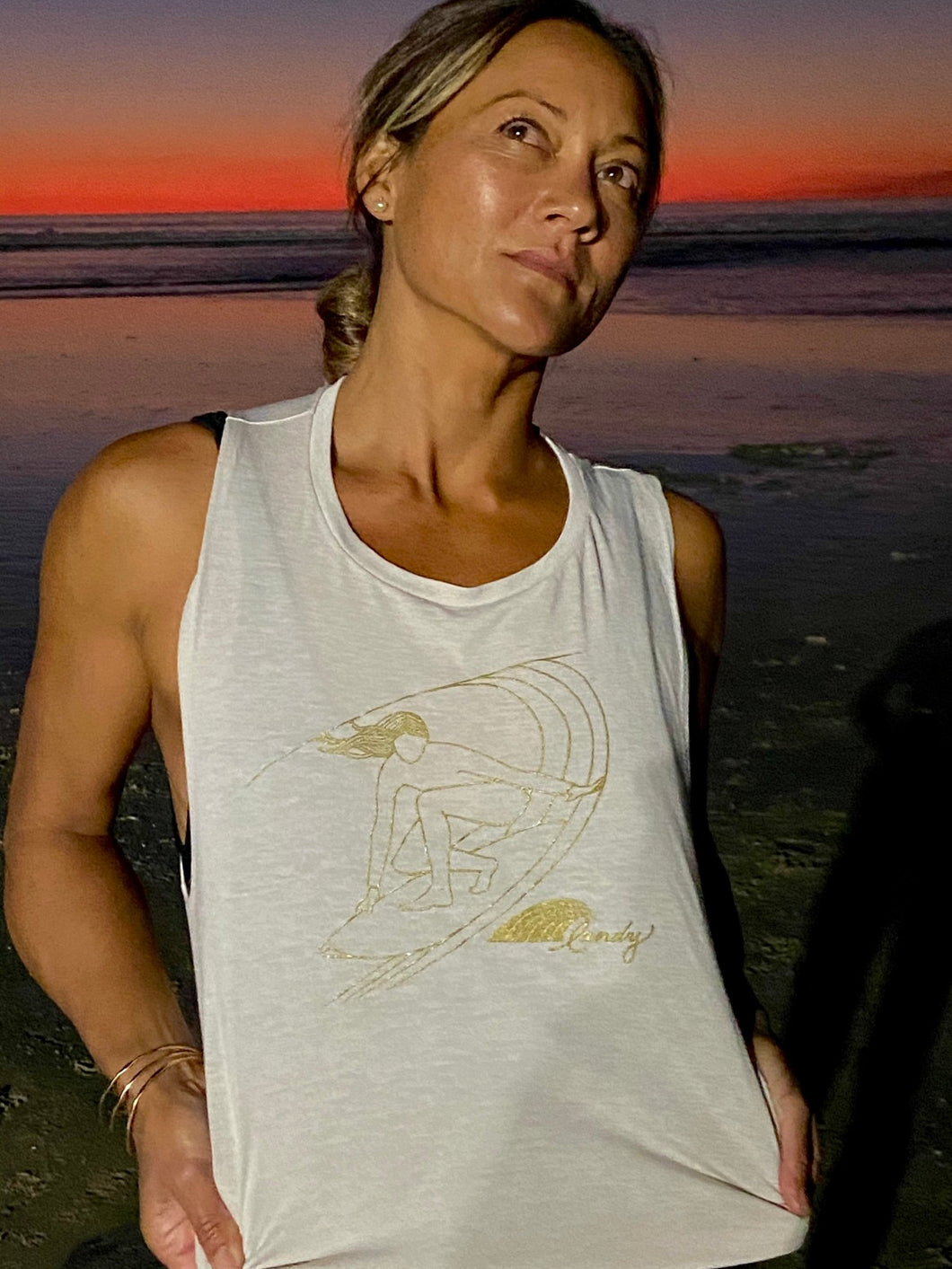 A Seriously Elegant Muscle Tank (Gold on Heather Dust) - Landy Wetsuits