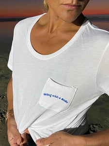 "Riding with a Smile" Pocket Tee (Marine on White) - Landy Wetsuits